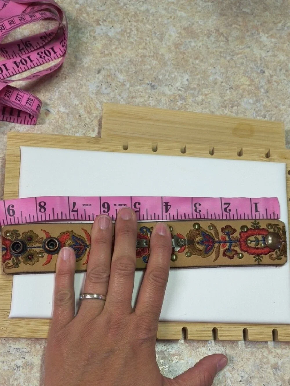 Embroidered Tan Leather Bracelet with Colorful Floral Design TANDY Snaps